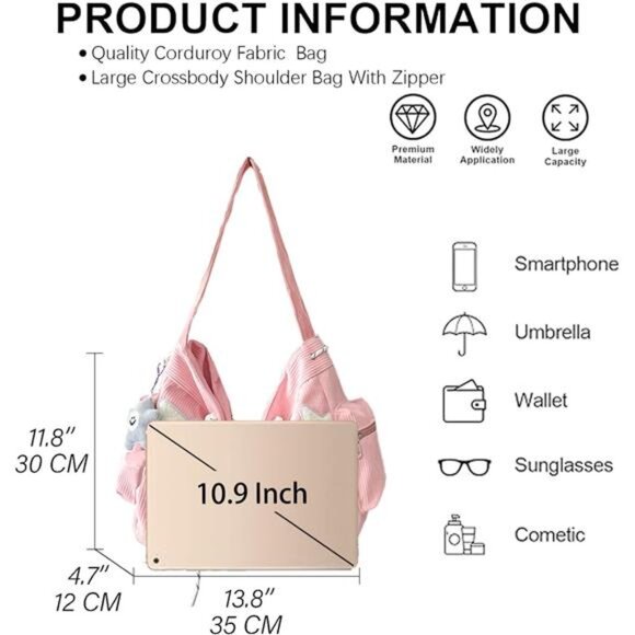 Womens Corduroy Crossbody Bag Tote Shoulder Bag Messenger Y2K Hobo Cute Purse - Picture 6 of 7